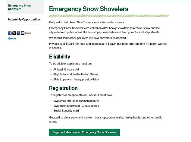 Emergency snow shovelers must be 18 years old, eligible to work in the US, and able to perform heavy physical labor