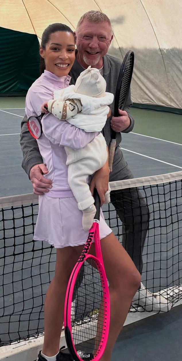 Tennis star Boris Becker with his wife Lilian on a tennis court as she holds his daughter