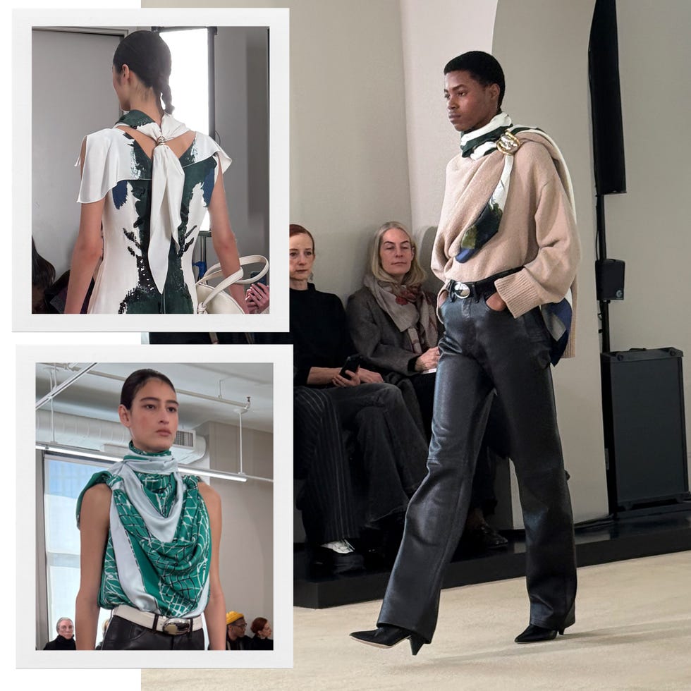 fashion showcase featuring models in diverse outfits with scarves
