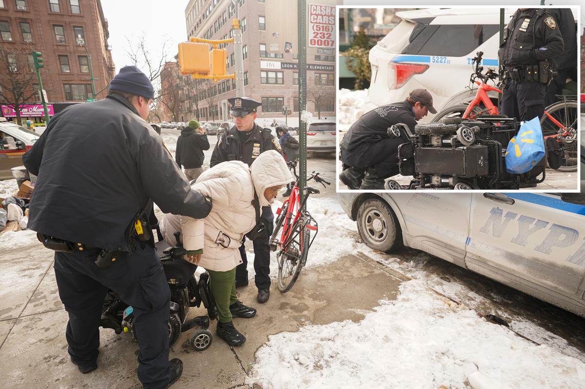 Harlem woman takes nasty spill on icy sidewalk when her 'life-risking' wheelchair ran into mount of snow