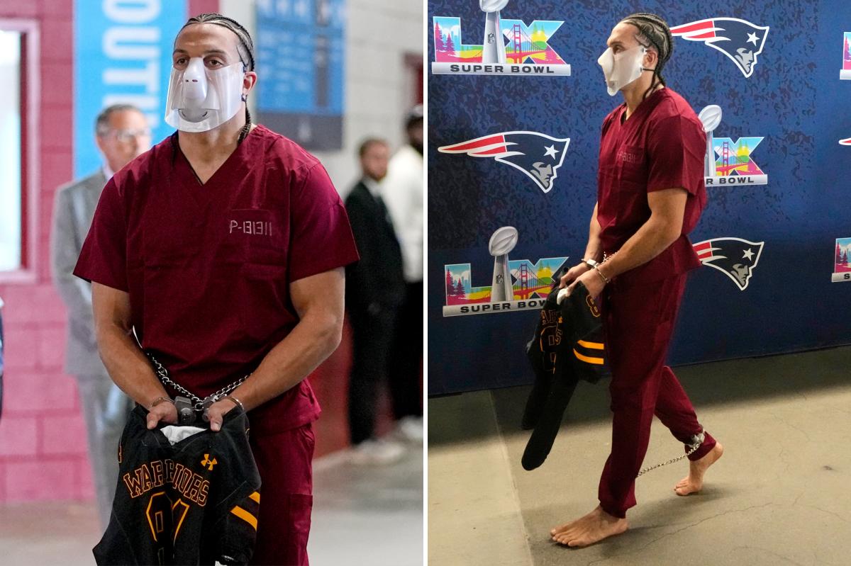 Patriots' Mack Hollins arrives at Super Bowl 2026 in prison jumpsuit
