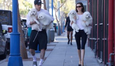 Brooklyn Beckham, Nicola Peltz twin with their dogs in black and white outfits