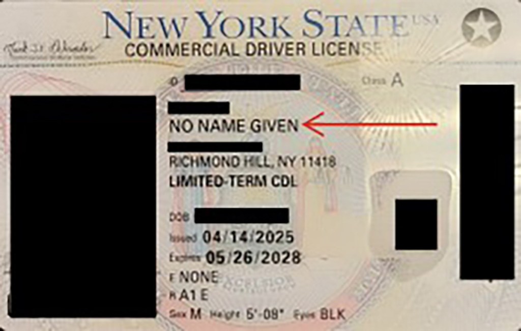 A New York State Commercial Driver License with "NO NAME GIVEN" printed as the first name, highlighted by a red arrow pointing to it.