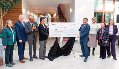 Queens College, in partnership with the Queens Chamber of Commerce Foundation, held a press conference on Thursday, February 5, to announce a scholarship hon­oring former Queens Borough President Claire Shulman (1926–2020). The scholar­ship will support undergraduate and graduate students in the college’s Urban Studies Department through cost of education awards and internships. (L. to r.): Queens Chamber of Commerce Foundation President Marian Conway; Queens Chamber of Commerce President and CEO Thomas Grech; Queens Borough Pres­ident Donovan Richards Jr; Shulman’s daughter, U.S. Astronaut Emerita Ellen Baker; Queens College President Frank H. Wu; Queens College Urban Studies De­partment Chair Melissa Checker; Queens Chamber of Commerce Foundation Board Member Eileen Auld; and Queens District Attorney Melinda Katz.