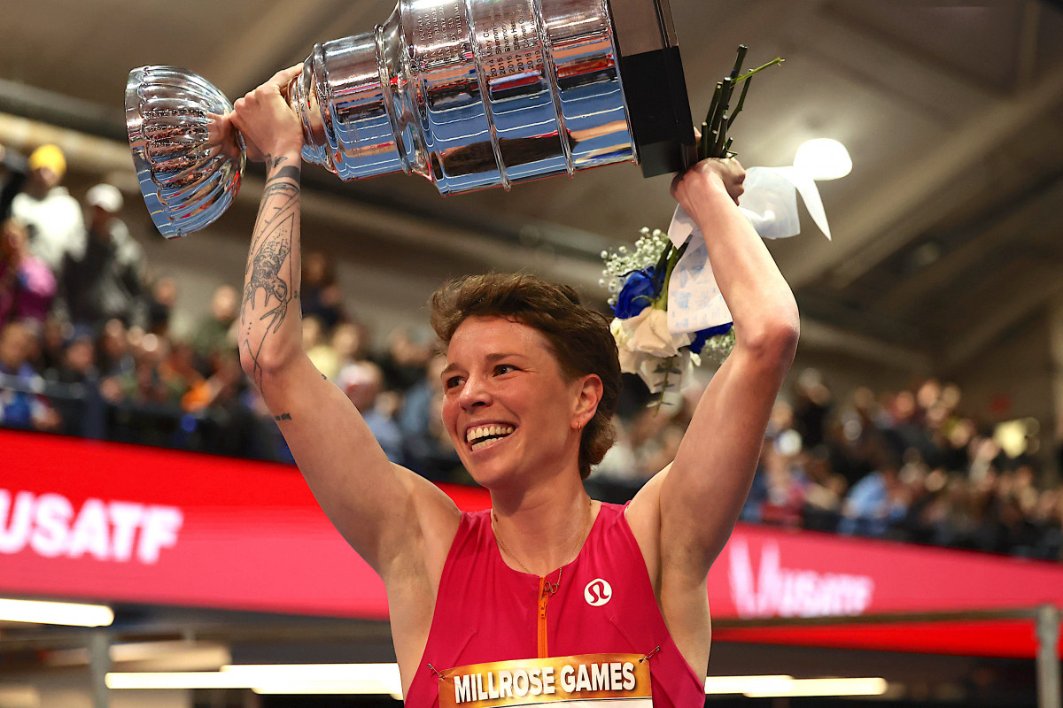 Aptos native Nikki Hiltz celebrates after taking first place in...