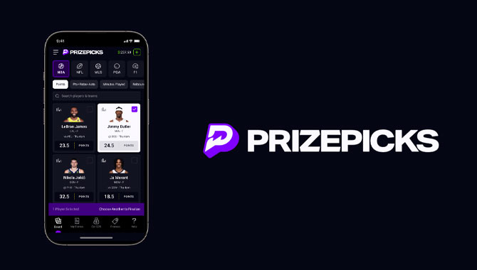 A phone displaying the PrizePicks app next to the PrizePicks logo.