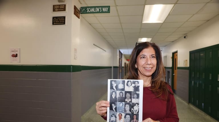 Anna Matheos holds photos of her late colleague Louise Scanlon...