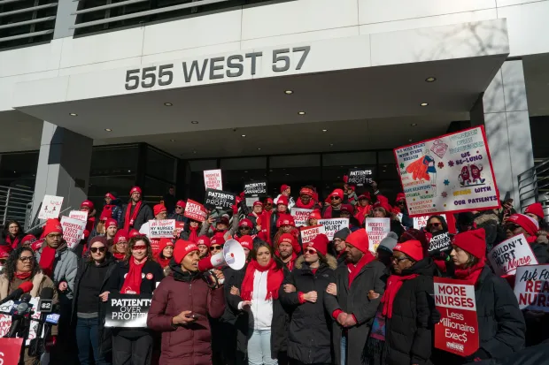 Striking nurses are pictured during a protest outside Mount Sinai Health System on W. 57th St. in Manhattan on Thursday, Feb. 5, 2026. 