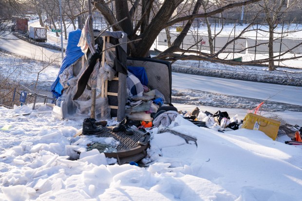 A homeless encampment is seen near Atlantic Avenue and Conduit Boulevard in Brooklyn on Sunday as arctic air fills New York City.