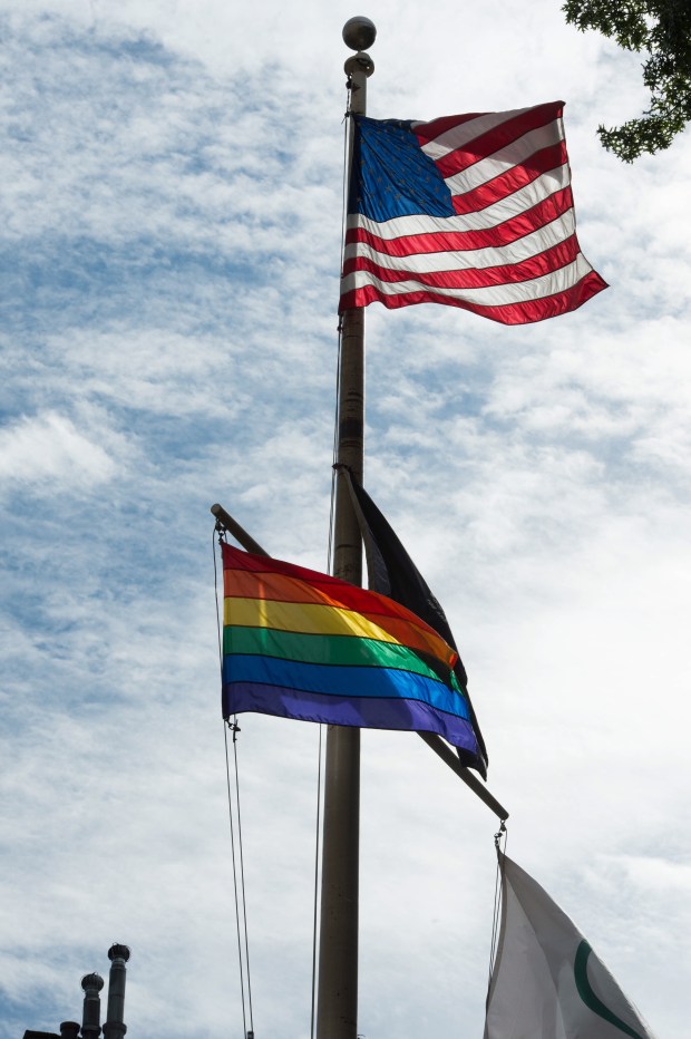 The Pride flag dedication ceremony at Stonewall National Monument on Oct. 11, 2017, in Manhattan, New York. The event marked the first time the flag had been displayed permanently on federally-funded land. (Marcus Santos / New York Daily News)