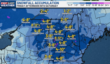 Town-by-town snow and ski resort forecast for Vermont, New York, and the Upper Valley Friday evening
