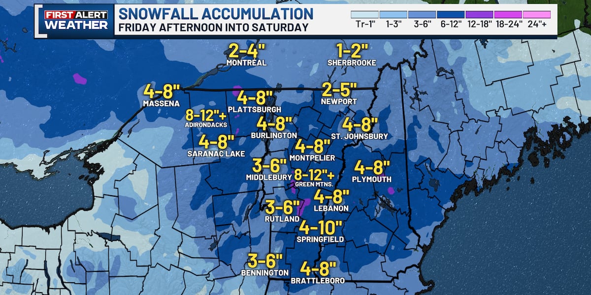 Town-by-town snow and ski resort forecast for Vermont, New York, and the Upper Valley Friday evening