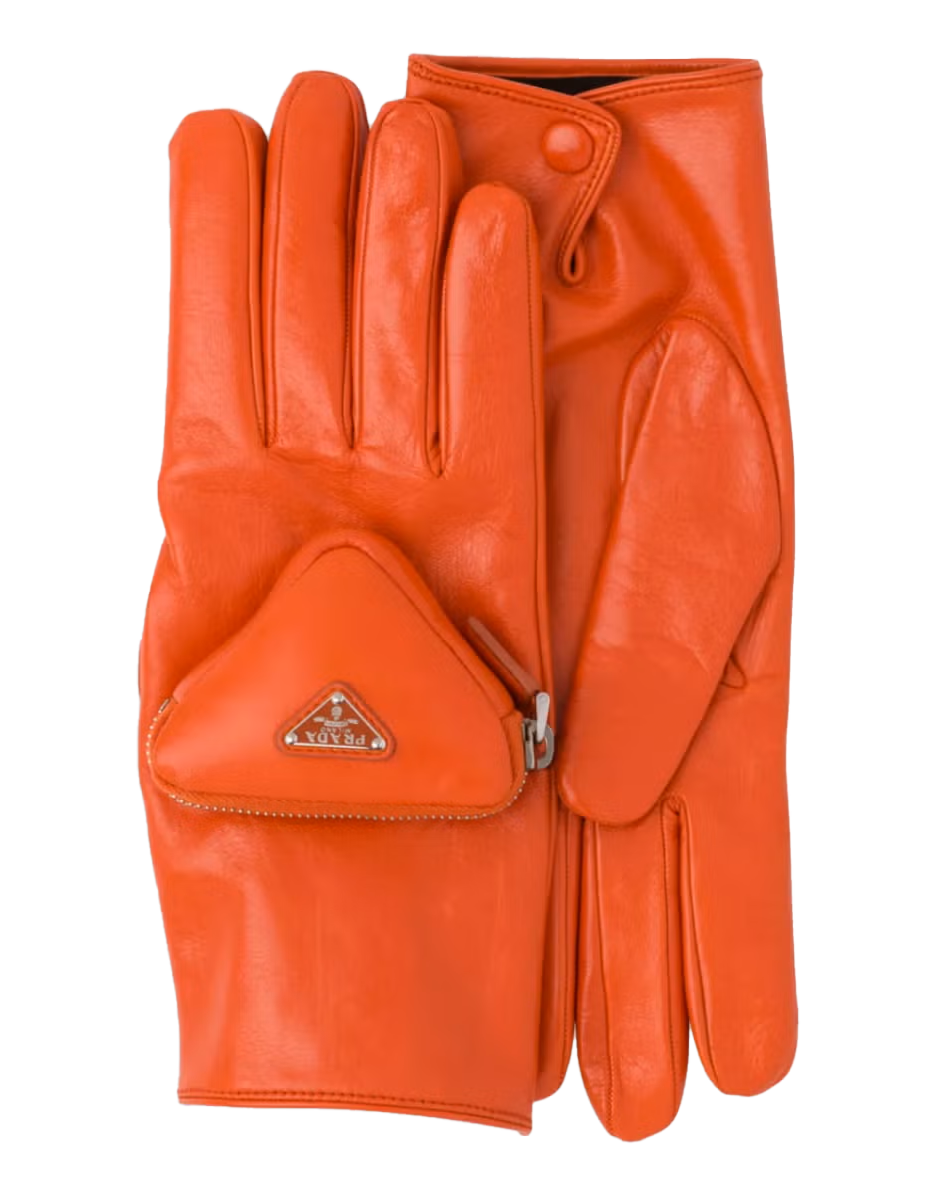 Pouch-Embellished Leather Gloves