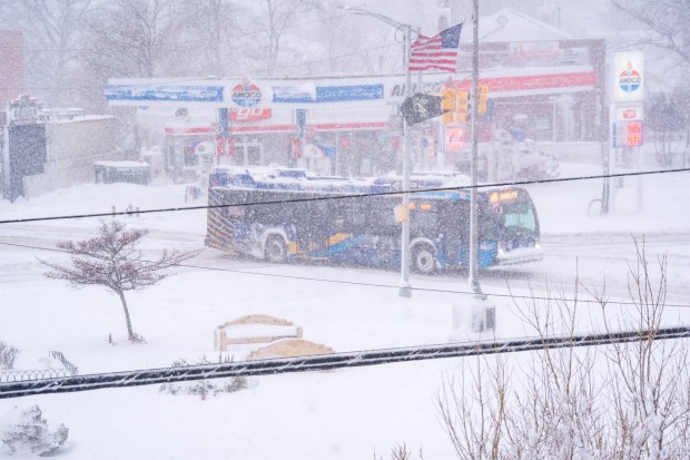 An MTA bus is pictured in Rosedale, Queens, on Monday, Feb. 23, 2026. (Theodore Parisienne / New York Daily News)