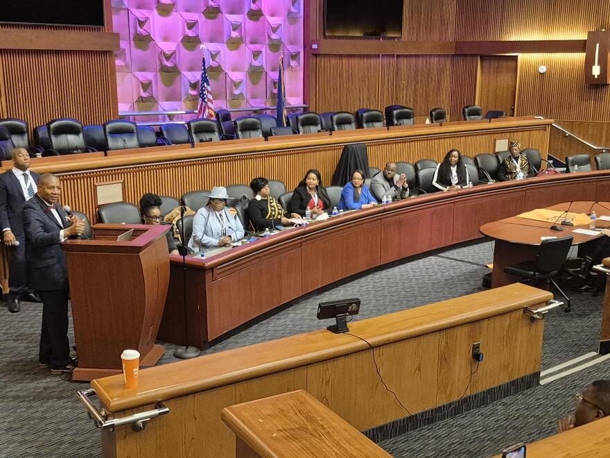 Sen. James Sanders, D-Queens, speaks during a New York State Community Commission on Reparations Remedies discussion on Feb. 14, 2026.