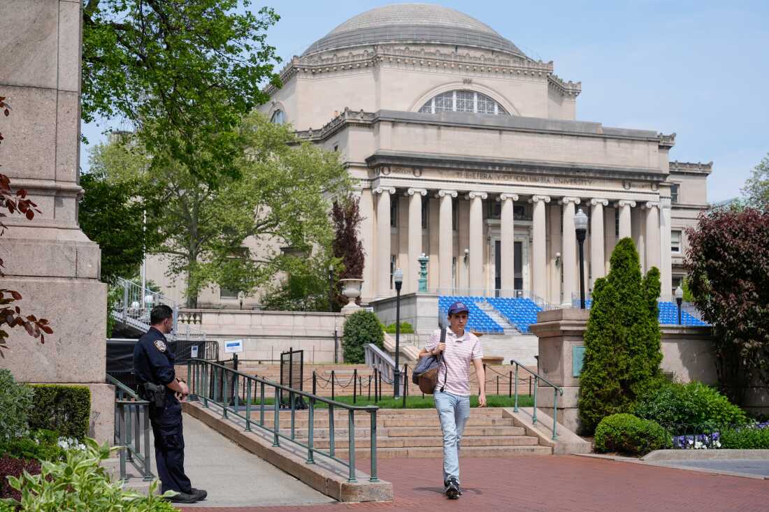 A New York City police officer keeps watch on the campus of Columbia University in New York on May 6, 2024.