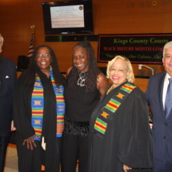 From left: Hon. Matthew D’Emic, administrative judge in the Supreme Court, Criminal Matters; Hon. Edwina Richardson; Leah Richardson, co-chair of the Black History Month Committee; Hon. Deborah Dowling, co-chair of the Black History Month Committee; and Brooklyn District Attorney Eric Gonzalez. Brooklyn Eagle photo by Mario Belluomo