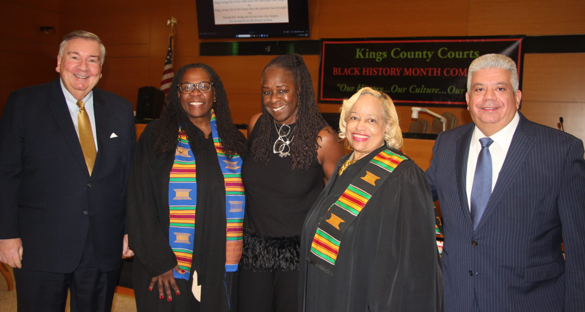 From left: Hon. Matthew D’Emic, administrative judge in the Supreme Court, Criminal Matters; Hon. Edwina Richardson; Leah Richardson, co-chair of the Black History Month Committee; Hon. Deborah Dowling, co-chair of the Black History Month Committee; and Brooklyn District Attorney Eric Gonzalez. Brooklyn Eagle photo by Mario Belluomo