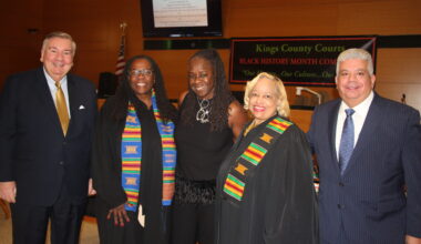 From left: Hon. Matthew D’Emic, administrative judge in the Supreme Court, Criminal Matters; Hon. Edwina Richardson; Leah Richardson, co-chair of the Black History Month Committee; Hon. Deborah Dowling, co-chair of the Black History Month Committee; and Brooklyn District Attorney Eric Gonzalez. Brooklyn Eagle photo by Mario Belluomo