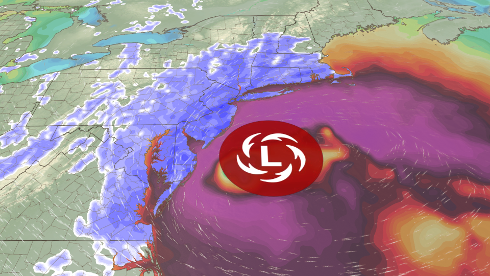 Computer model depiction of the storm's powerful winds (red and pink shadings) and snow (blue shadings) on Sunday night. - CNN Weather