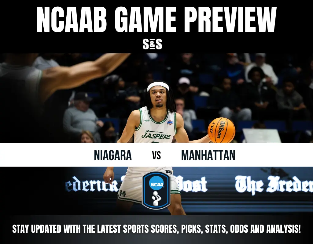 NCAA basketball game preview featuring Niagara vs. Manhattan, with a player dribbling a basketball in action.