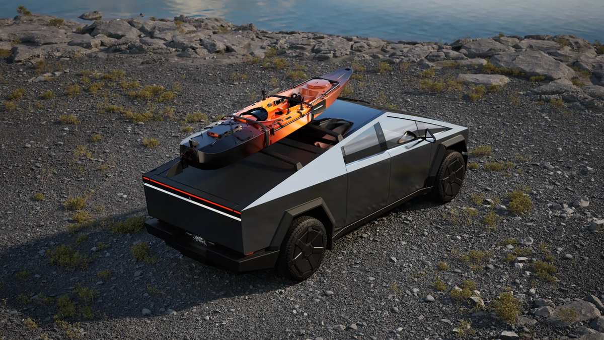 2024 Tesla Cybertruck stainless steel electric pickup with kayak mounted in truck bed parked beside a lakeshore.