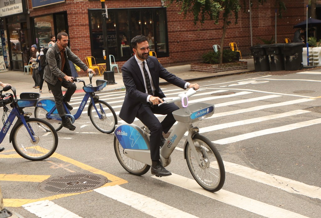 NYC 2025 Mayoral candidate Zohran Mamdani riding a Citibike.