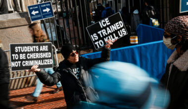 People participate in a protest outside the Columbia University campus in New York