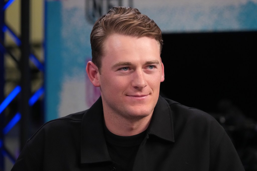 San Francisco 49ers quarterback Mac Jones on the NFL Network set at the Super Bowl LX media center at the Moscone Center.