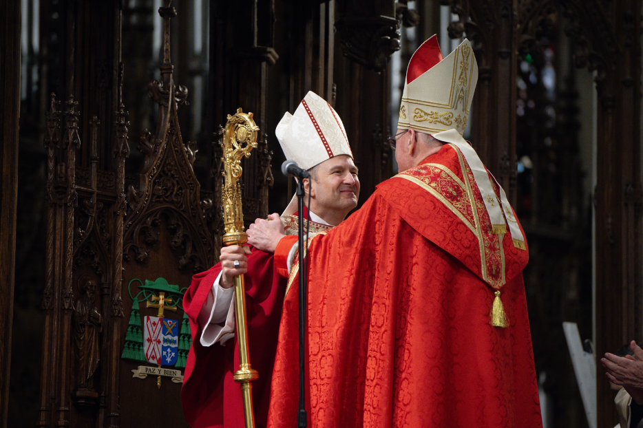 Cardinal Timothy Dolan welcoming his successor, Archbishop Ronald Hicks. | Credit: Jeffrey Bruno/EWTN News
