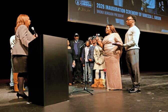 Borough President Vanessa Gibson was sworn in for her second term by New York Attorney General Leticia James.