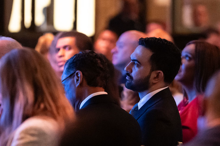 Mayor Zohran Mamdani listens as Police Commissioner Jessica Tisch delivers the 2026 State of the New York Police Department address Feb. 10, 2026, at Cipriani 42nd Street in New York City. Mamdani met Archbishop Ronald Hicks at the event, the New York Archdiocese said.