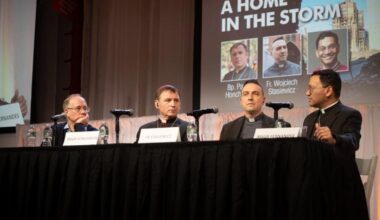 L to R: Bishop Pavlo Honcharuk of Kharkiv, Father Wojciech Stasiewicz, and Bishop Earl Fernandes of Columbus, Ohio, speak at the New York Encounter on Saturday, Feb. 14, 2026.