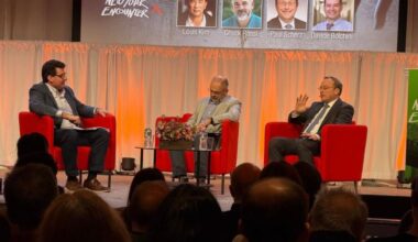 L to R: Panelists Davide Bolchini of Indiana University; Chuck Rossi, an engineer at Meta; and Paul Scherz, professor of theology at the University of Notre Dame, discuss how Catholic social teaching can address the challenges of AI at New York Encounter on Feb. 14, 2026, in New York City.