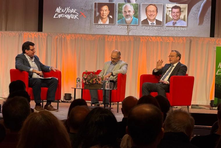 L to R: Panelists Davide Bolchini of Indiana University; Chuck Rossi, an engineer at Meta; and Paul Scherz, professor of theology at the University of Notre Dame, discuss how Catholic social teaching can address the challenges of AI at New York Encounter on Feb. 14, 2026, in New York City.