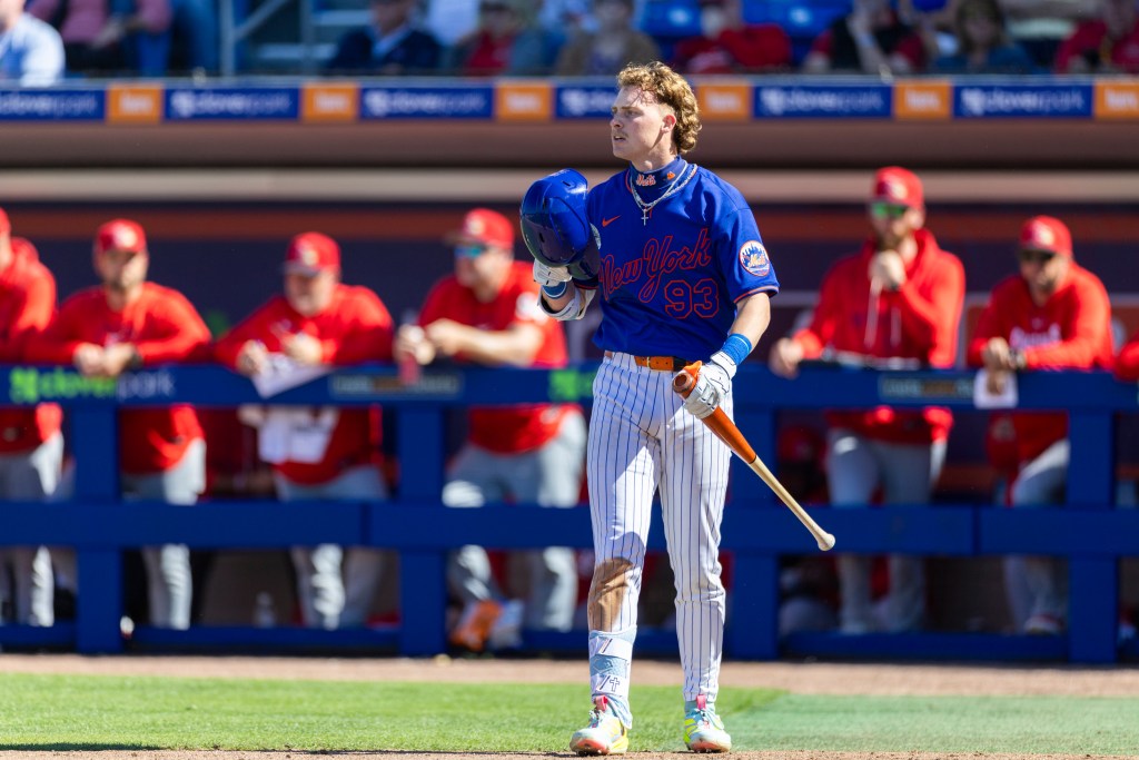 New York Mets outfielder Carson Benge is at bat in the fifth inning against the St. Louis Cardinals during Spring Training at Clover Field, Wednesday, Feb. 25, 2026, in Port St. Lucie