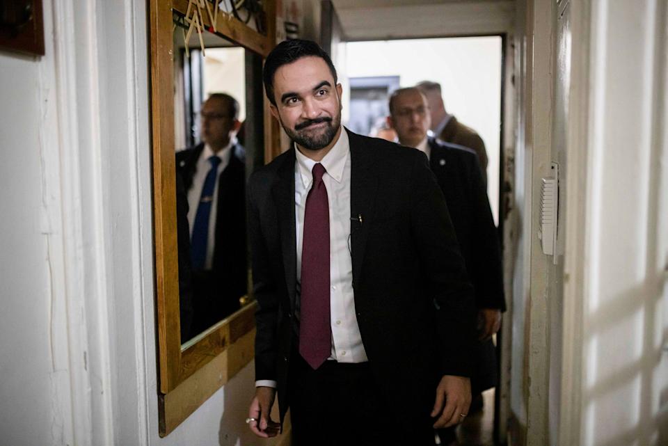 Zohran Mamdani, mayor of New York, visits an apartment building in Brooklyn New York