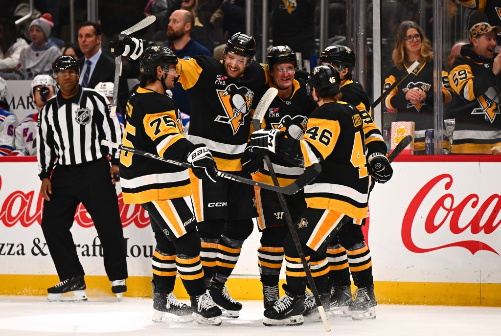 Noel Acciari #55 of the Pittsburgh Penguins celebrates his first period goal against the New York Rangers at PPG PAINTS Arena on January 31, 2026 in Pittsburgh, Pennsylvania. 