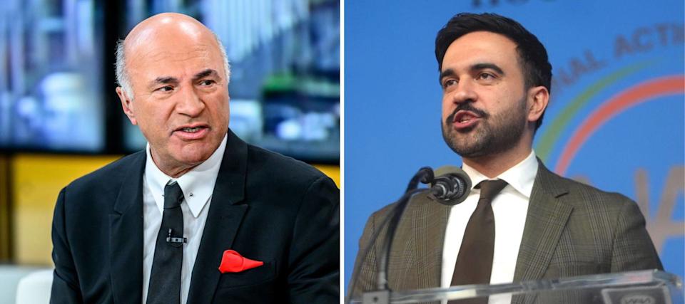 Composite image of Kevin O'Leary on the left and Zohran Mamdani on the right.