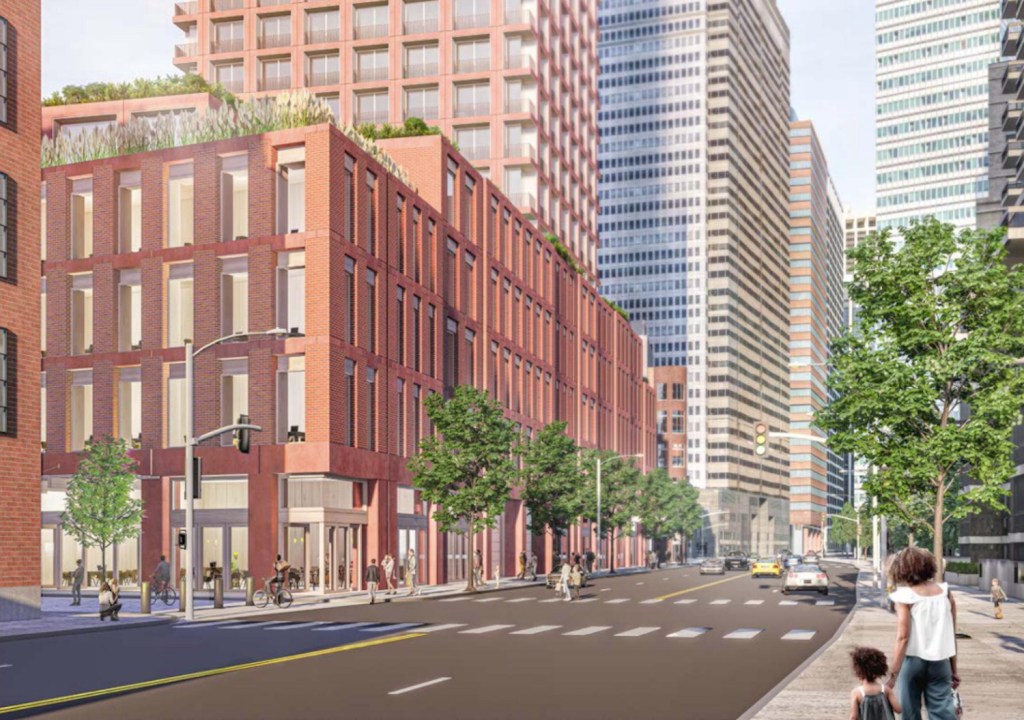 Illustration of the proposed Seaport Tower at 250 Water Street, a multi-story building with a brick-like facade, next to a street with cars and pedestrians.