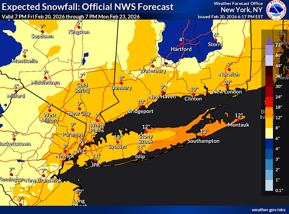 The National Weather Service forecast for the New York City area, as of Friday, Feb. 20.