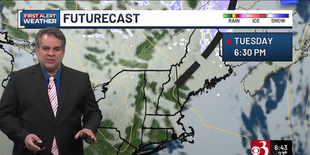 Snow showers tonight, mainly in New York and the Champlain Valley. Presidents’ Day will be mostly cloudy but have pleasant highs in the low to mid-30s.