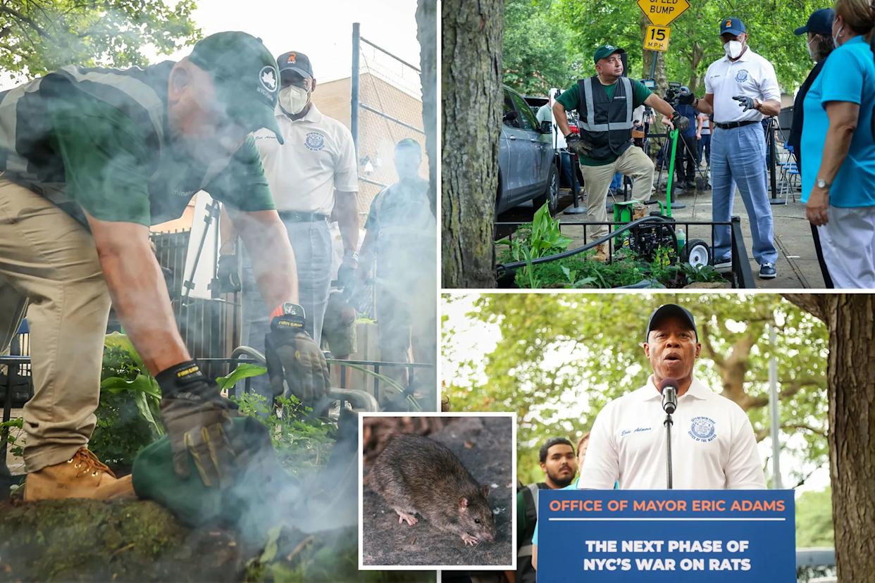 An image collage containing 1 images, Image 1 shows Collage of NYC's war on rats: fumigation, rat, and Mayor Adams speaking
