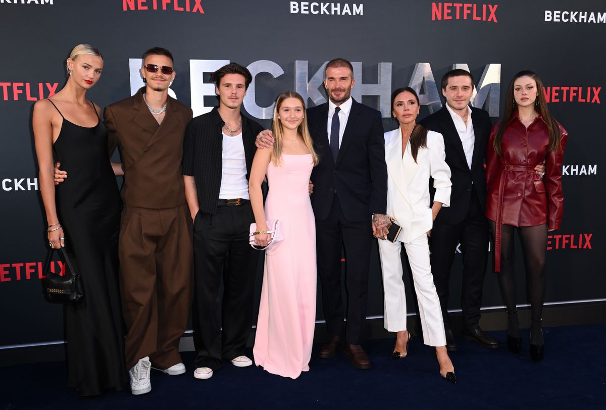 Mia Regan, Romeo Beckham, Cruz Beckham, Harper Beckham, David Beckham, Victoria Beckham, Brooklyn Beckham and Nicola Peltz attend the Netflix 'Beckham' UK Premiere