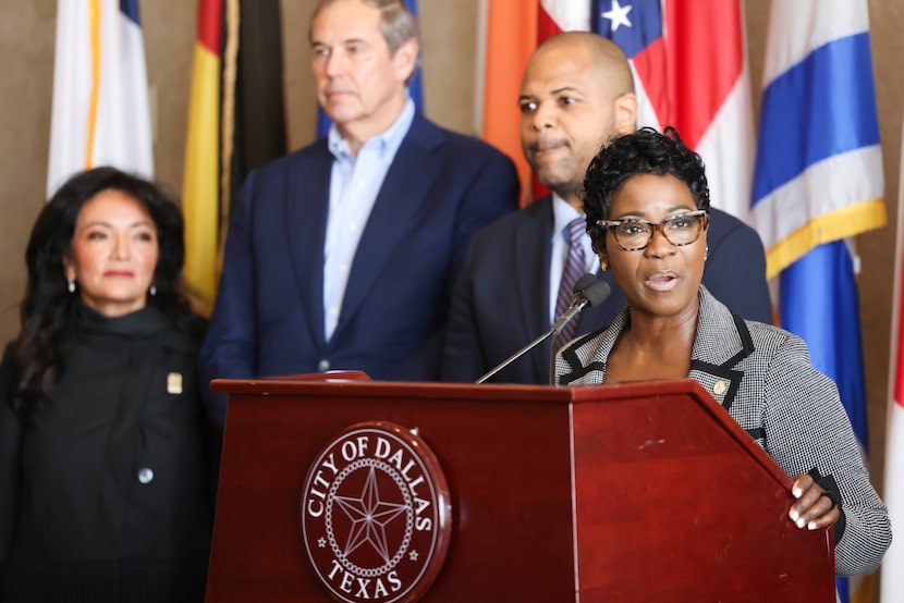 Dallas city manager Kimberly Bizor Tolbert takes the podium during a press conference...