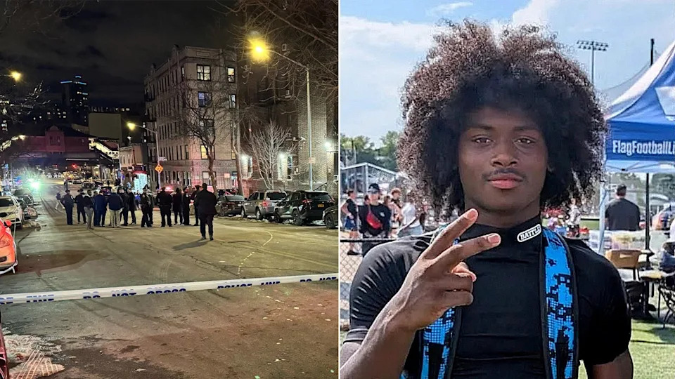 split photo of young man holding peace sign and smiling and crime scene in NYC