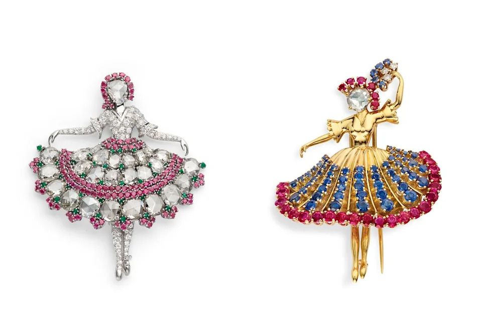 From left: Ballerina clip, 1943; ballerina clip, 1945. ©Van Cleef & Arpels SA