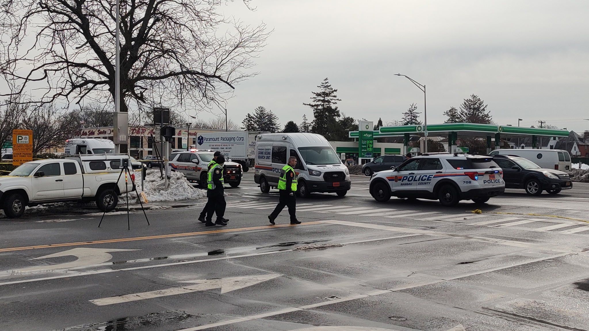 Emergency responders at the Merrick Avenue and Sunrise Highway intersection after crossing guard hit.