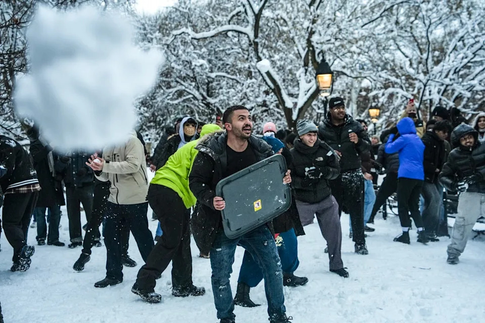 Snowball fights took place across New York City on Monday, with the one in Washington Square Park allegedly being organized by influencers (Getty)