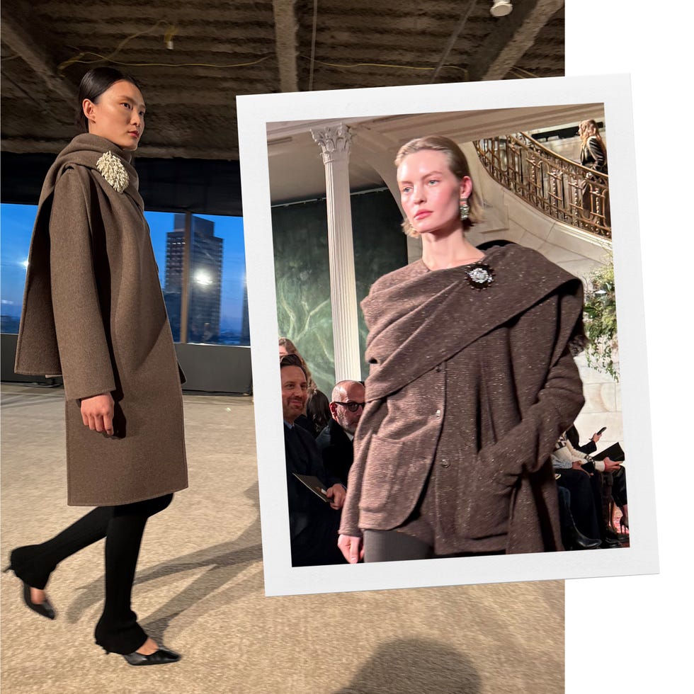 fashion runway showcasing two models in brown attire